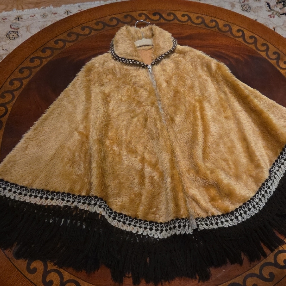 Elegant Tan Faux Fur Cape with Black Fringe